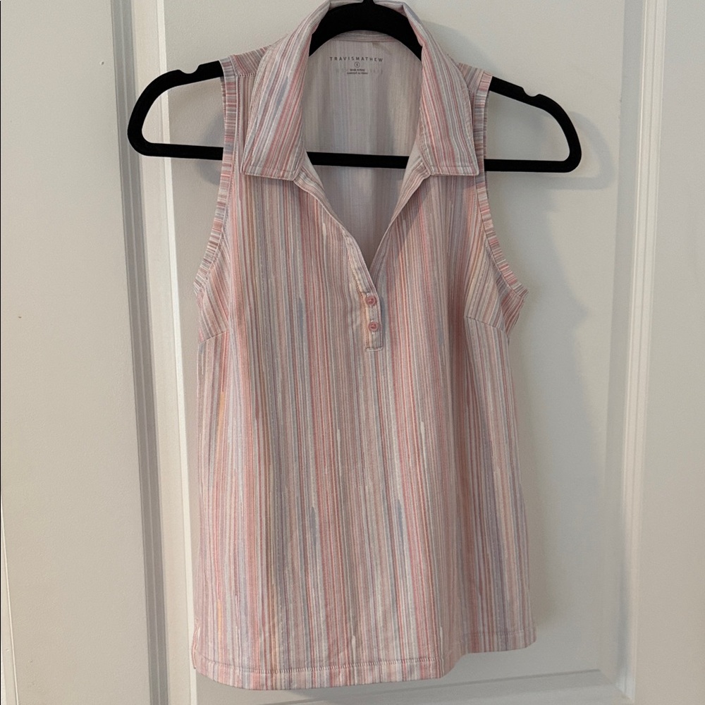 Travis Mathew Pink and Blue Striped Sleeveless Blouse